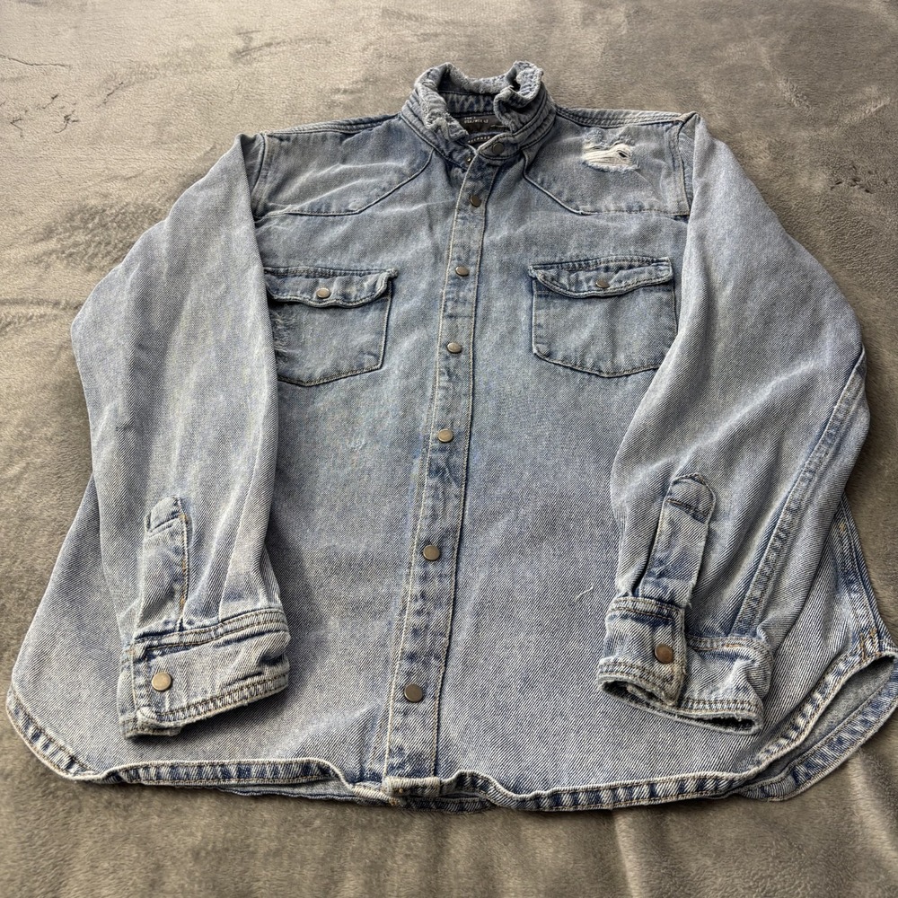 Zara‎ Man Denim Jacket Distressed Snap Button Relaxed Fit Jean Trucker Mens L